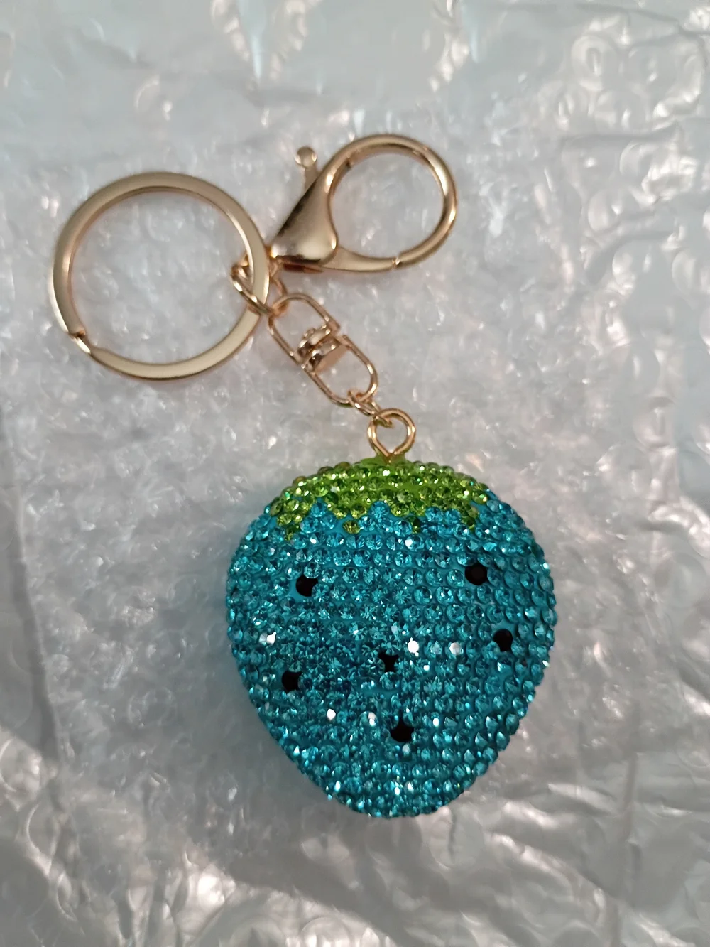 Teal Crystal Strawberry Key & Card Holder Keychain with Gold Hardware
